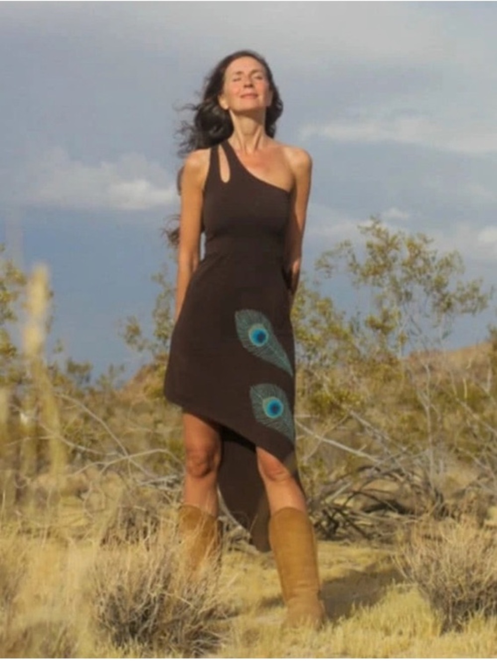 Synergy org. cotton asym 1 shoulder grey dress w/ peacock feathers